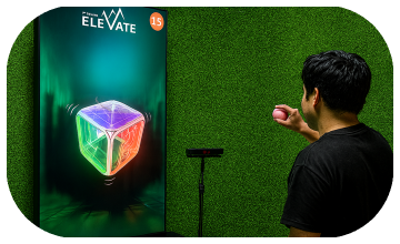 Guests playing Move Shake Pose AR game at a brand activation booth in Dubai event
